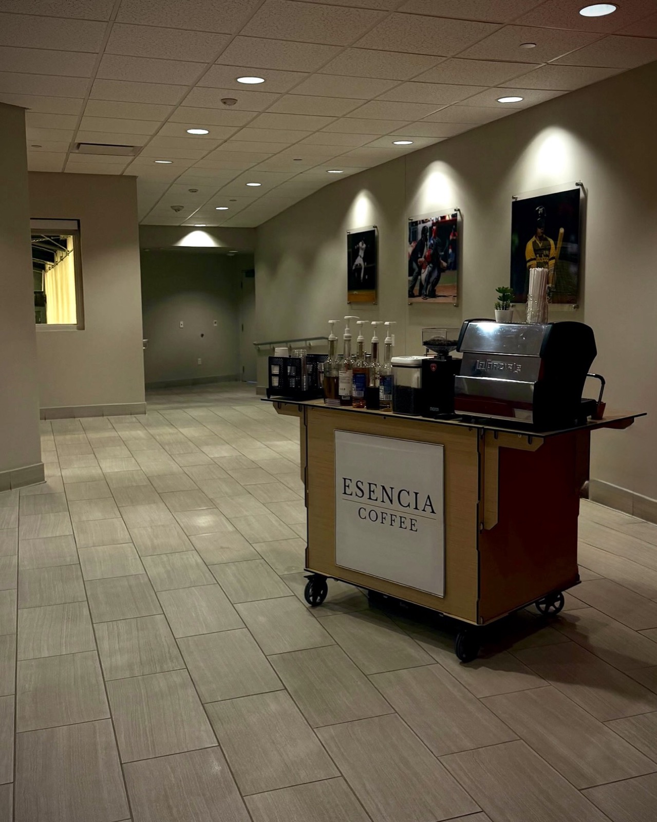 Esencia Coffee cart set up in a concourse hallway at Southwest University Park, El Paso Chihuahuas stadium